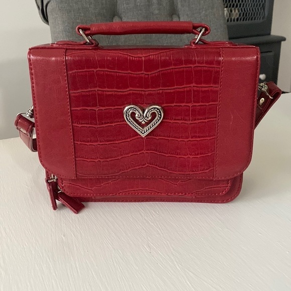 Red Croc Embossed Flap with Top Handle Handbag with Silver Heart Detail
